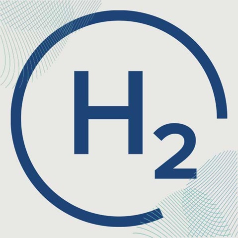 Ein Logo mit der chemischen Formel H₂, umgeben von einem runden Rahmen und sanften farbigen Wellen.
